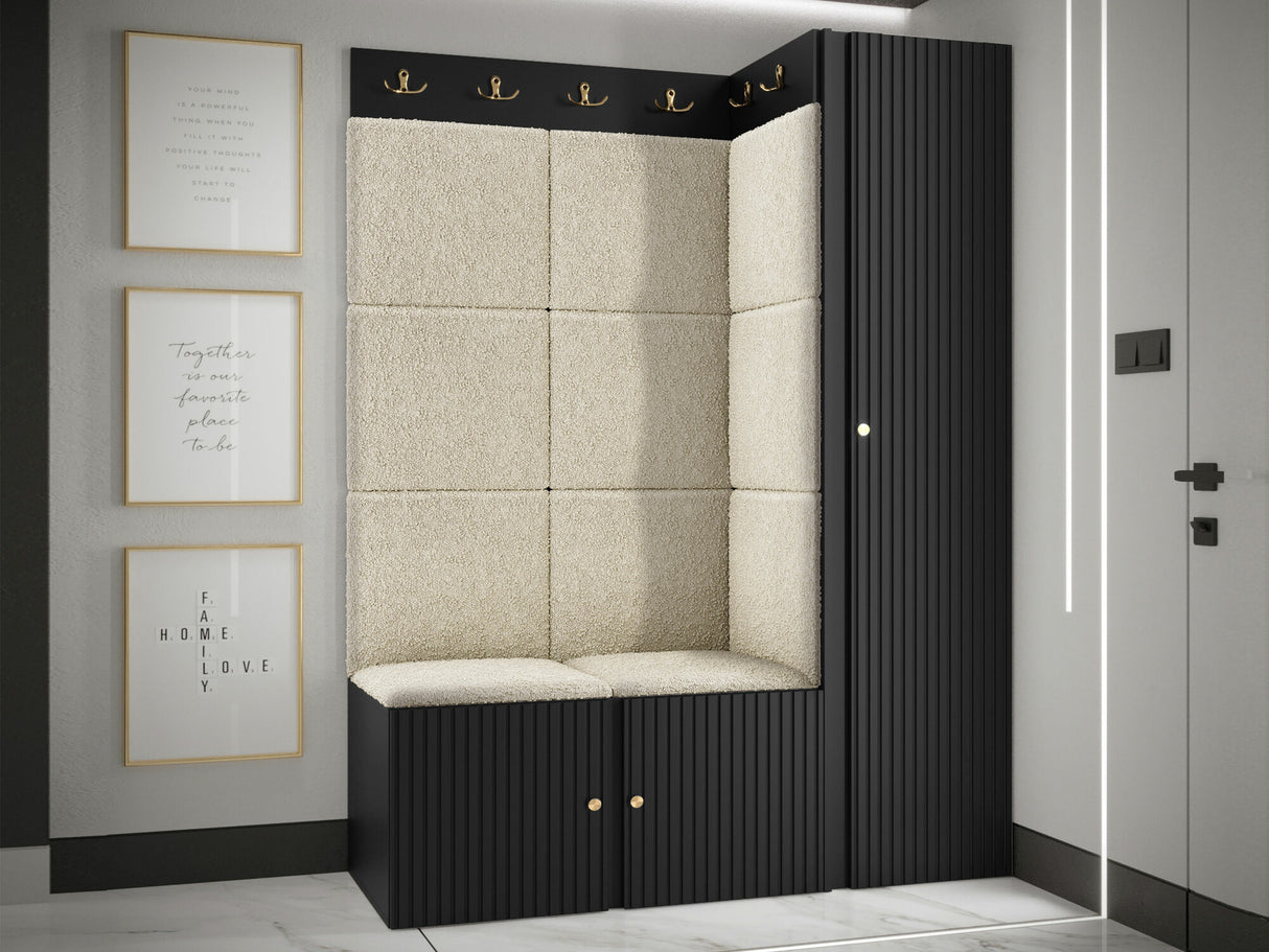 Előszoba garnitúra ORION RYFEL SLIM IX (Towiro), Keret színe: Fekete, Puha falpanel színe: Abriamo 3