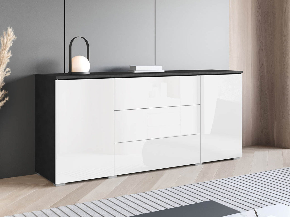 Komód VERA 150 (Sawoti), Szín: Matera szürke + Fényes fehér, Led világítás: Nem
