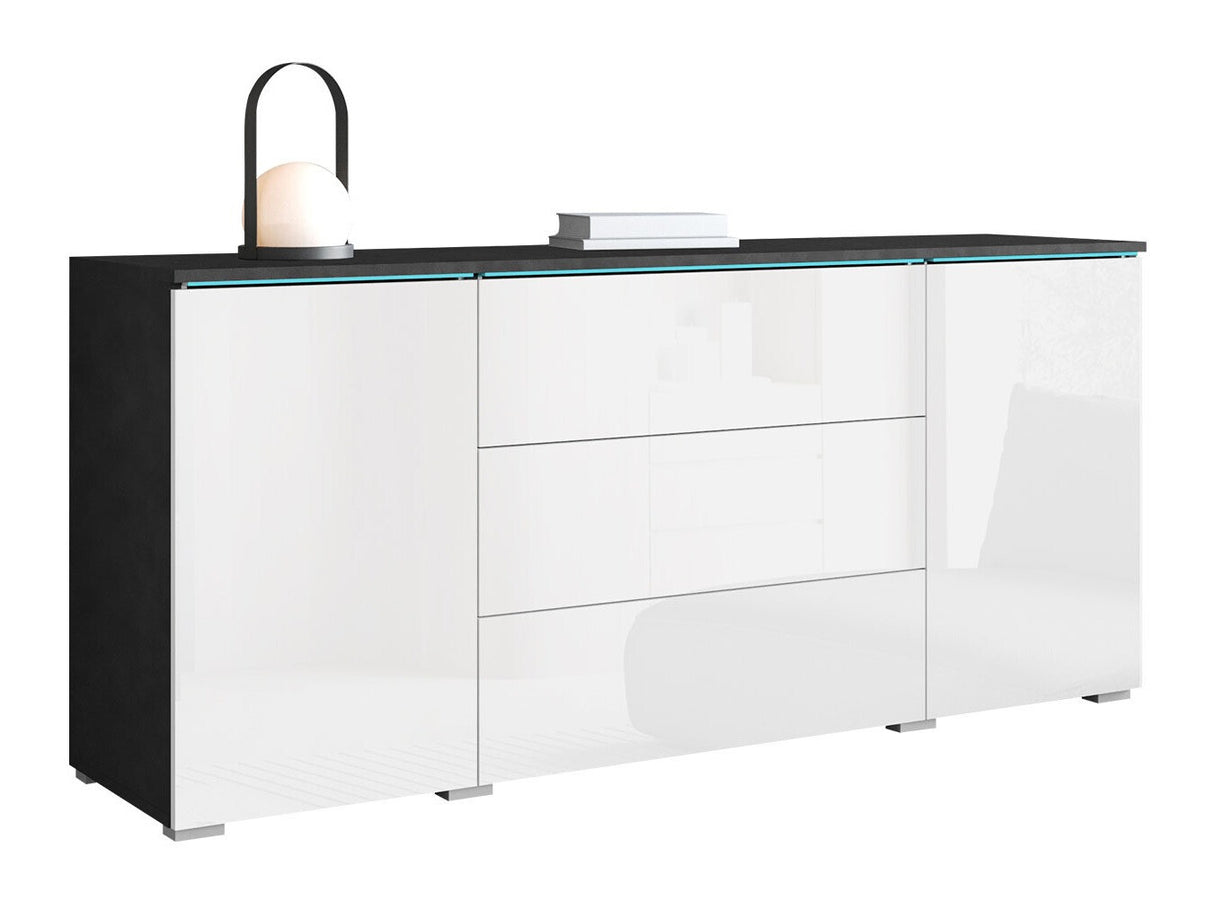 Komód VERA 150 (Sawoti), Szín: Matera szürke + Fényes fehér, Led világítás: Igen fehér