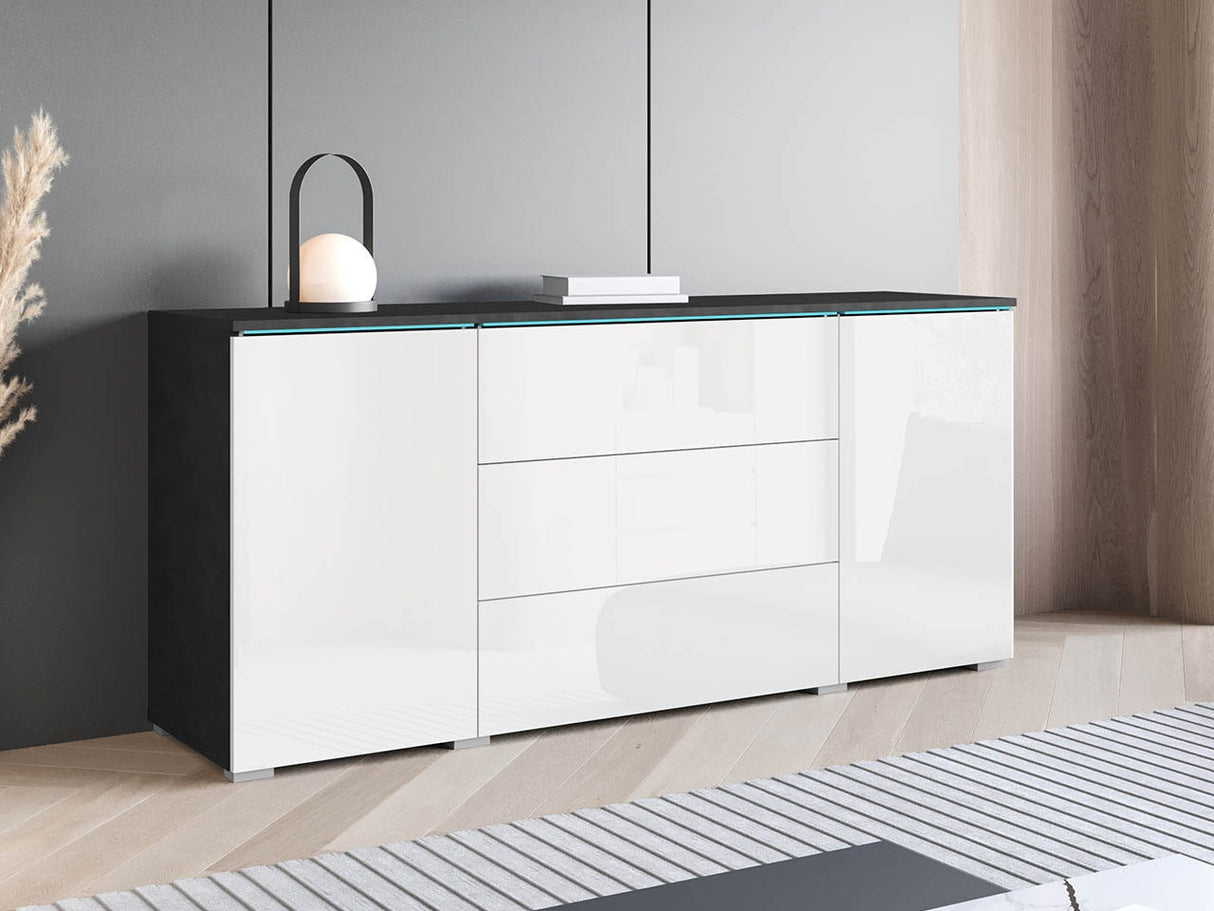 Komód VERA 150 (Sawoti), Szín: Matera szürke + Fényes fehér, Led világítás: Igen fehér