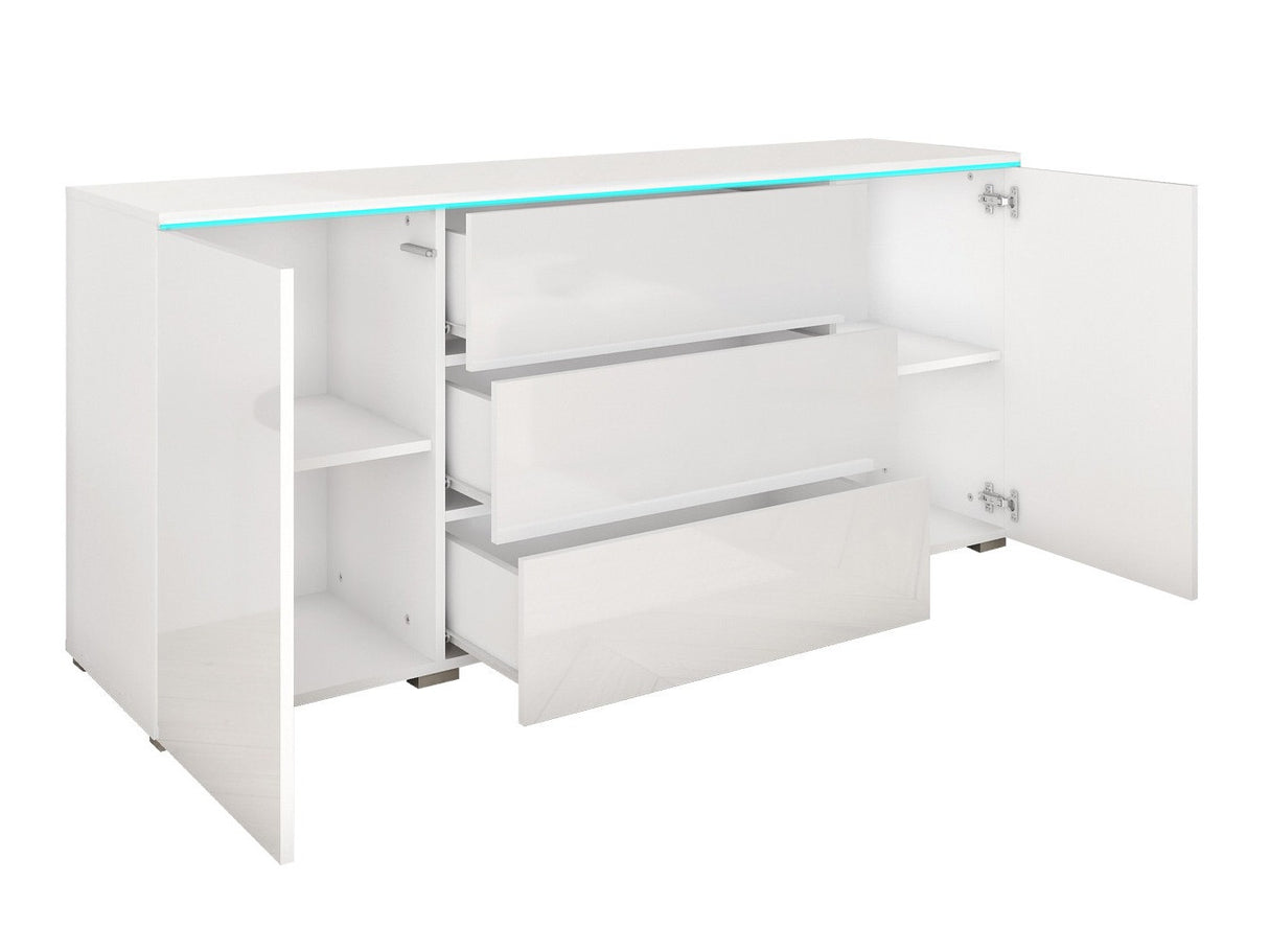 Komód VERA 150 (Sawoti), Szín: Matera szürke + Fényes fehér, Led világítás: Igen fehér