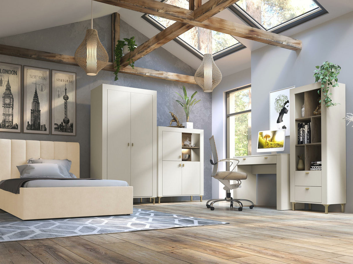 Hálószoba garnitúra Meble MOSSA II, A héjbútorok színe: Kasmír, Led világítás: Igen, Ágykeret színe: Cloud 03