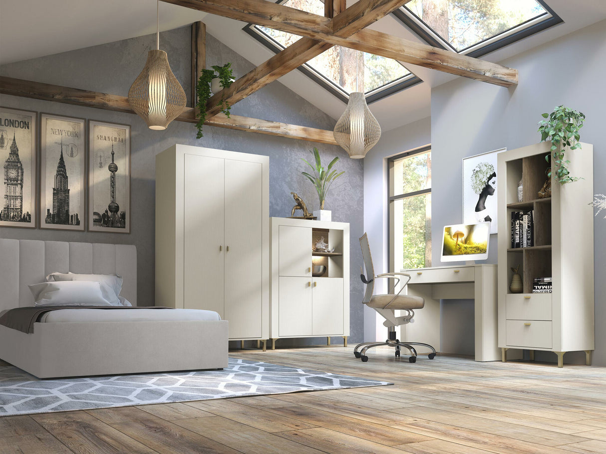 Hálószoba garnitúra Meble MOSSA II, A héjbútorok színe: Kasmír, Led világítás: Igen, Ágykeret színe: Cloud 82