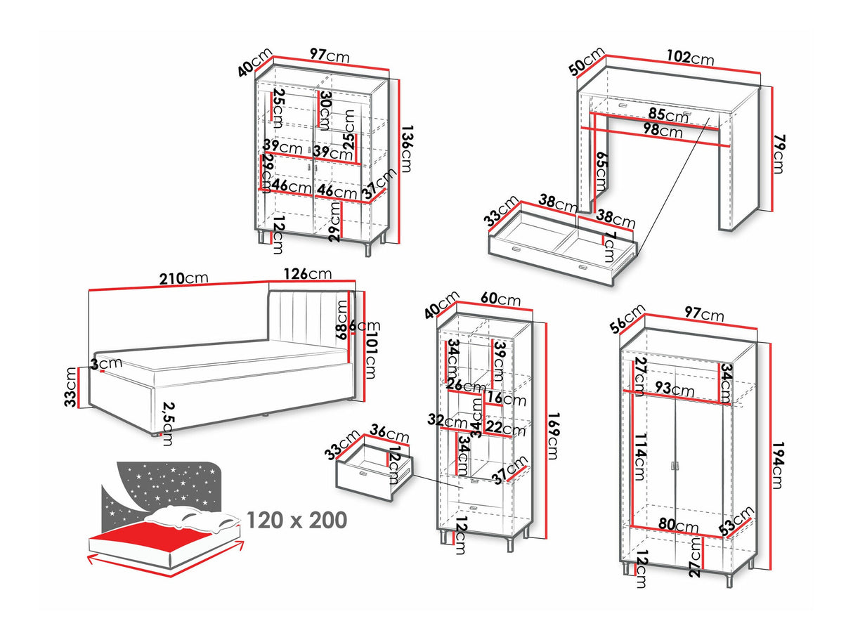 Hálószoba garnitúra Meble MOSSA II, A héjbútorok színe: Kasmír, Led világítás: Igen, Ágykeret színe: Cloud 03