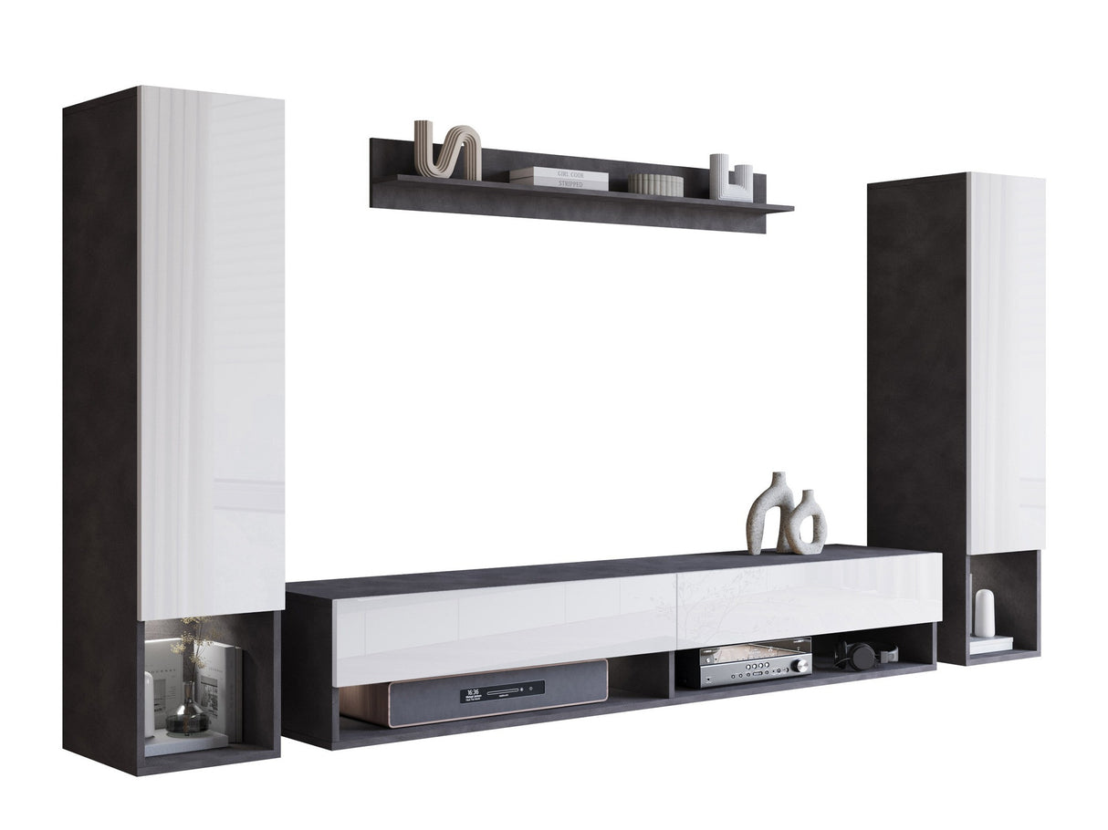 Nappali szett Meblościanka AMADEO II, Szín: Matera szürke + Fényes fehér, Led világítás: Igen