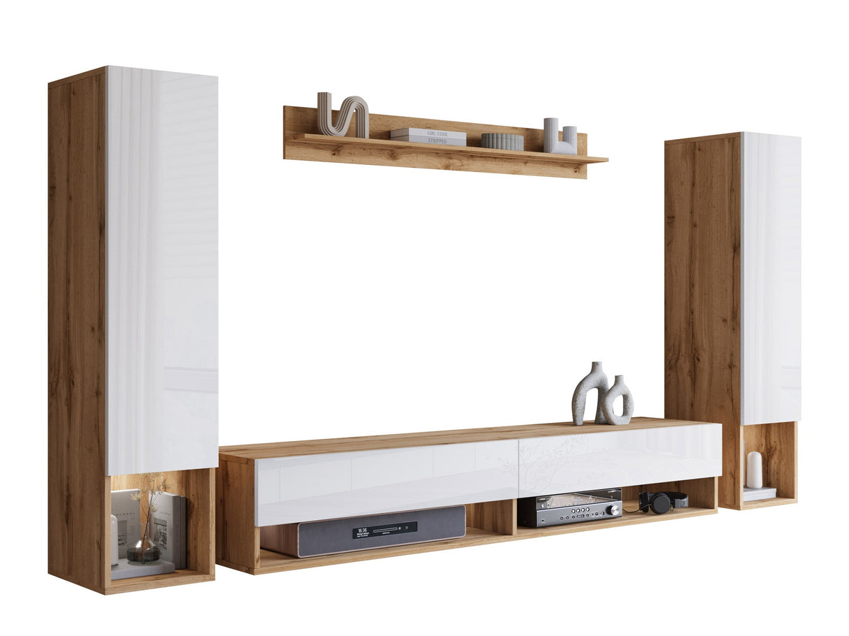 Nappali szett Meblościanka AMADEO II, Szín: Wotan tölgy + Fényes fehér, Led világítás: Igen