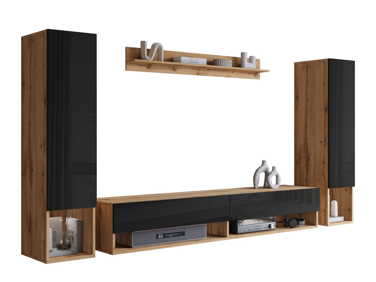 Nappali szett Meblościanka AMADEO II, Szín: Wotan tölgy + Fényes fekete, Led világítás: Nem