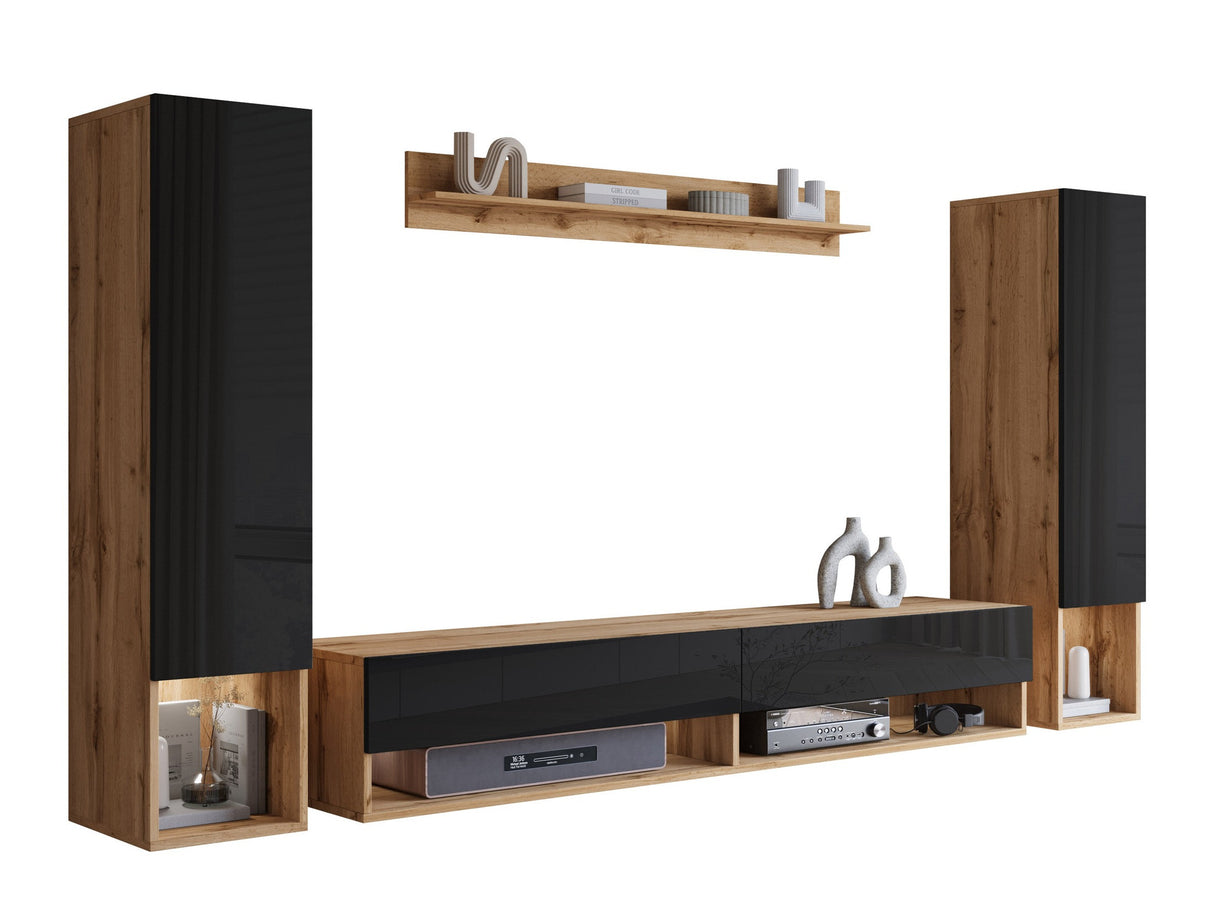 Nappali szett Meblościanka AMADEO II, Szín: Wotan tölgy + Fényes fekete, Led világítás: Igen