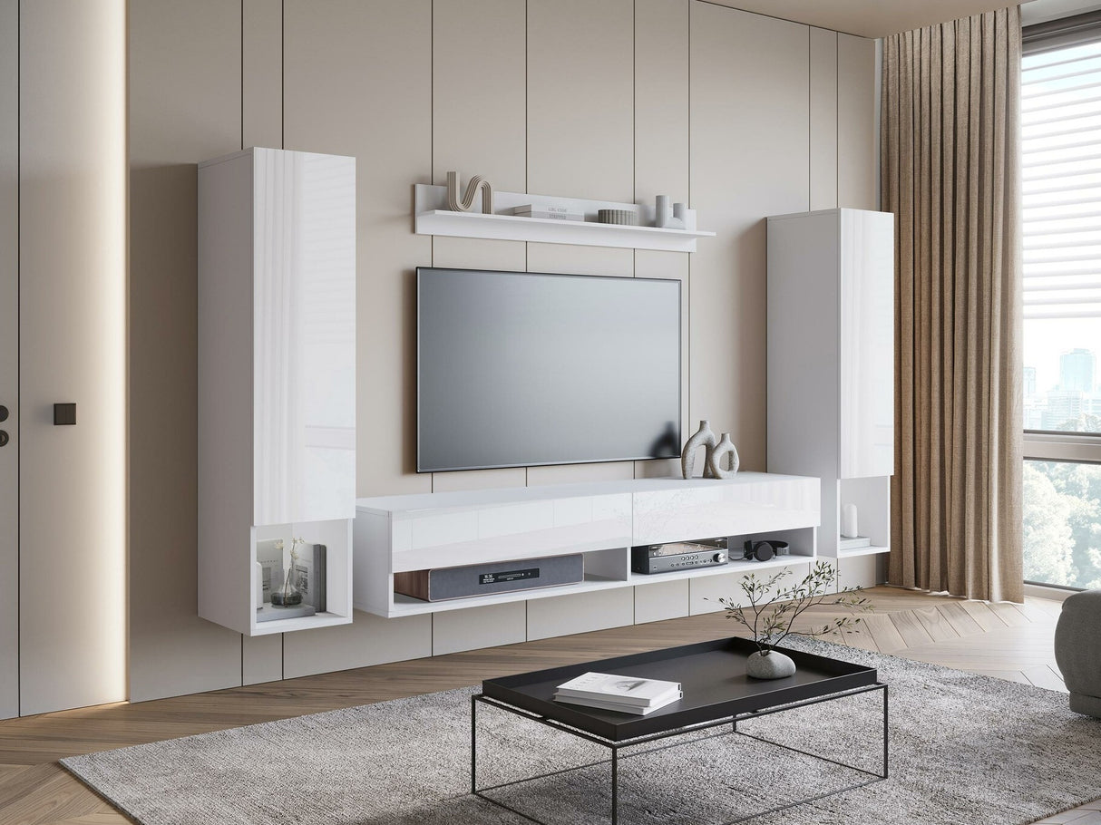 Nappali szett Meblościanka AMADEO II, Szín: Fehér + Fényes fehér, Led világítás: Nem