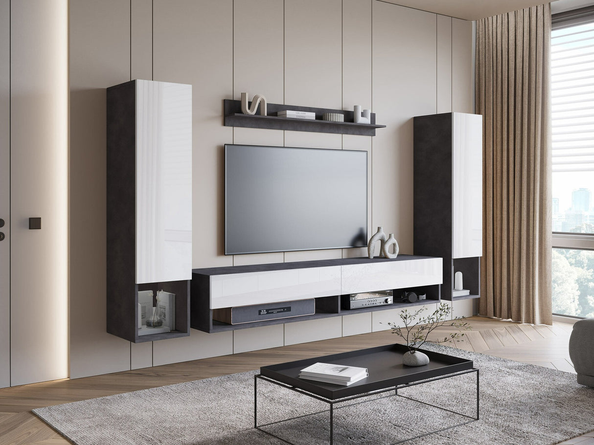 Nappali szett Meblościanka AMADEO II, Szín: Matera szürke + Fényes fehér, Led világítás: Nem