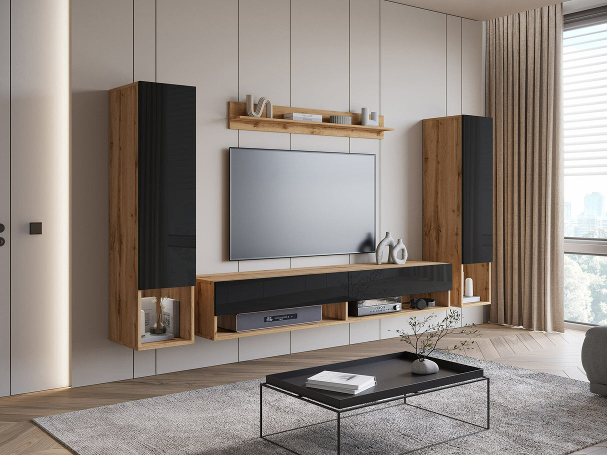 Nappali szett Meblościanka AMADEO II, Szín: Wotan tölgy + Fényes fekete, Led világítás: Nem