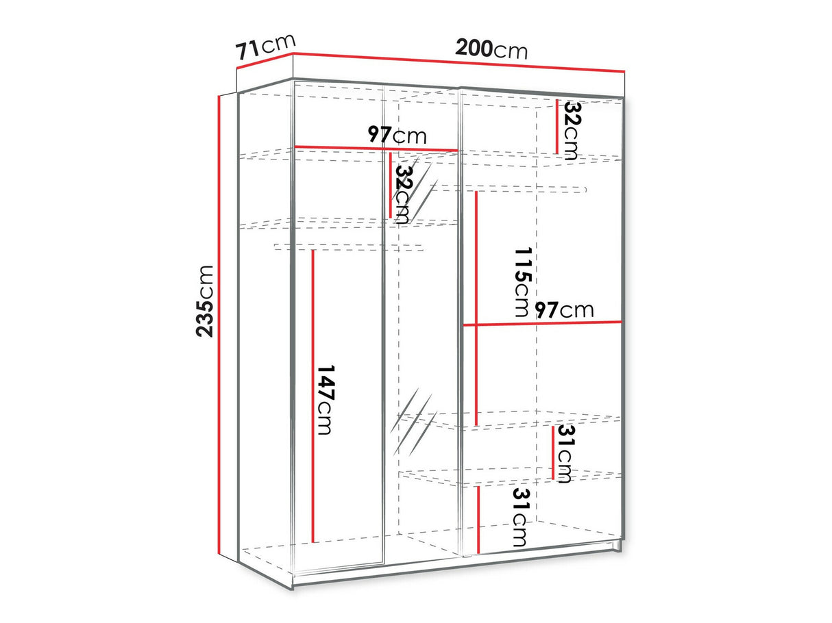 Gardróbszekrény Szafa przesuwna 2D 200 MAXI MX-04 + opcje Biały, Led világítás: Nem