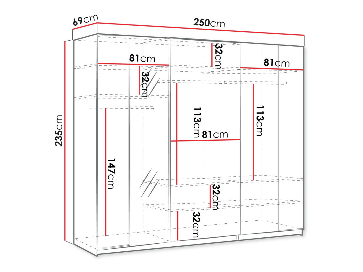 Gardróbszekrény Szafa przesuwna 3D 250 MAXI MX-06 + opcje Biały, Led világítás: Nem