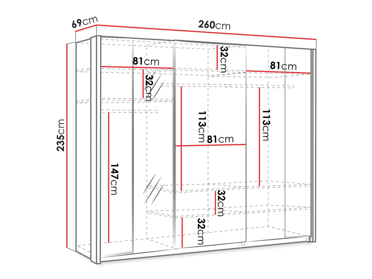 Gardróbszekrény Szafa przesuwna 3D 250 MAXI MX-06 + opcje Biały, Led világítás: Igen