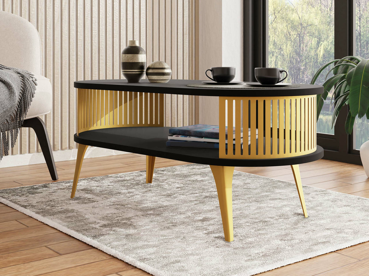 Dohányzóasztal Stolik kawowy owalny ROENNI GOLD, Szín: Aranysárga + Fekete