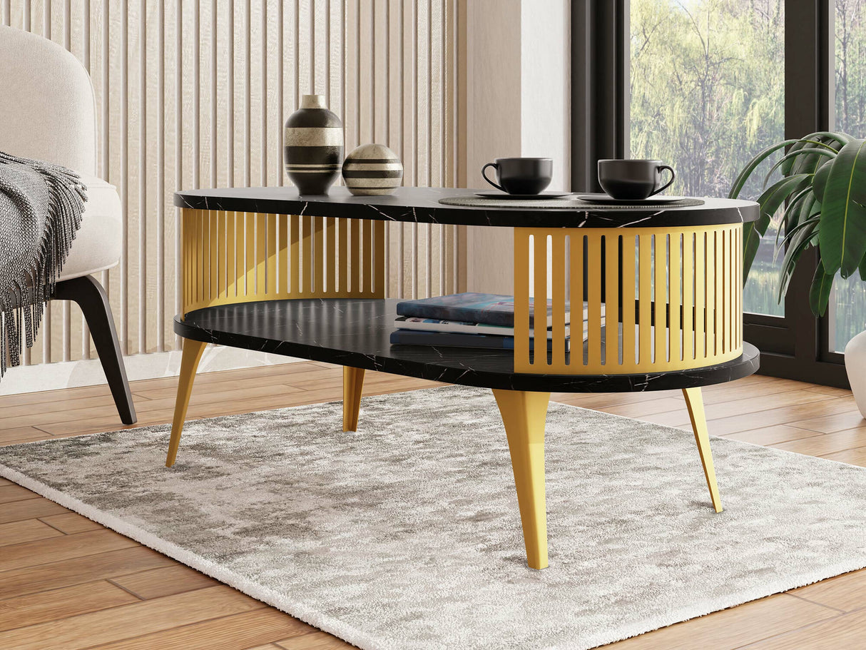 Dohányzóasztal Stolik kawowy owalny ROENNI GOLD, Szín: Aranysárga + Fekete márvány