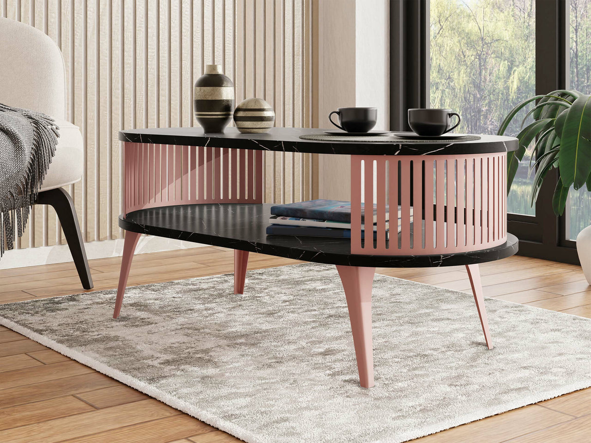 Dohányzóasztal Stolik kawowy owalny ROENNI EMBER, Szín: Rózsaszín + Fehér márvány