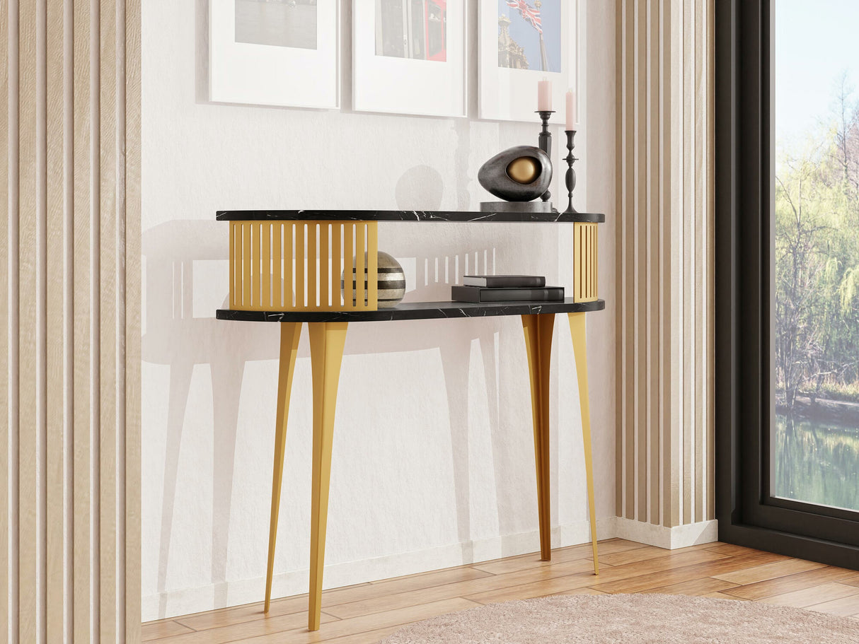 Konzolasztal Konsola owalna ROENNI GOLD, Szín: Aranysárga + Fekete márvány