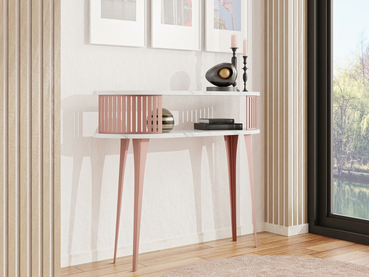 Konzolasztal Konsola owalna ROENNI EMBER, Szín: Rózsaszín + Fehér márvány