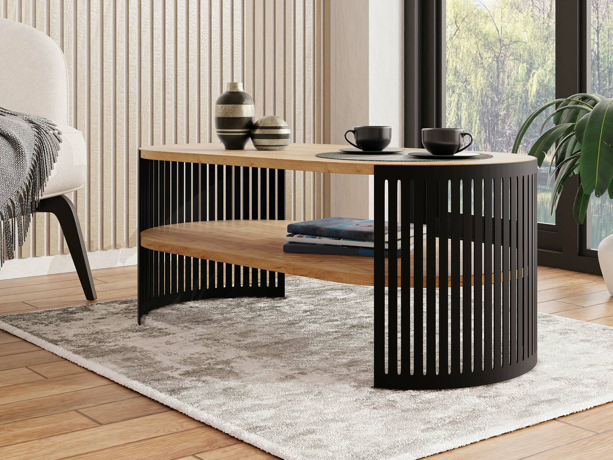 Dohányzóasztal Stolik kawowy owalny FIKOLI I, Szín: Fekete + Kézműves aranytölgy