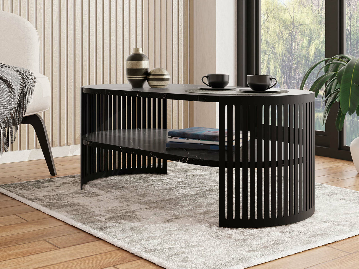 Dohányzóasztal Stolik kawowy owalny FIKOLI I, Szín: Fekete + Fekete márvány