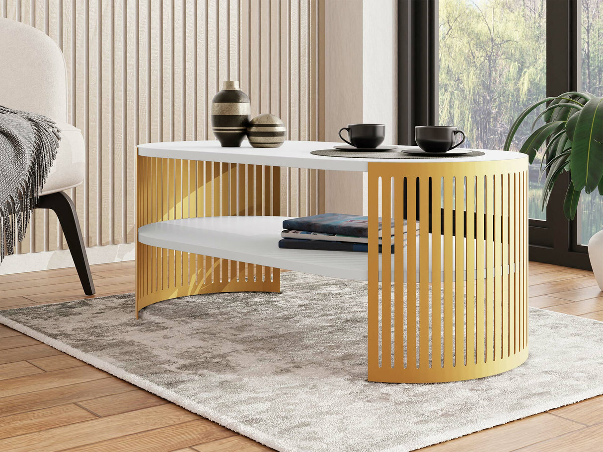 Dohányzóasztal Stolik kawowy owalny FIKOLI GOLD I, Szín: Aranysárga + Fehér