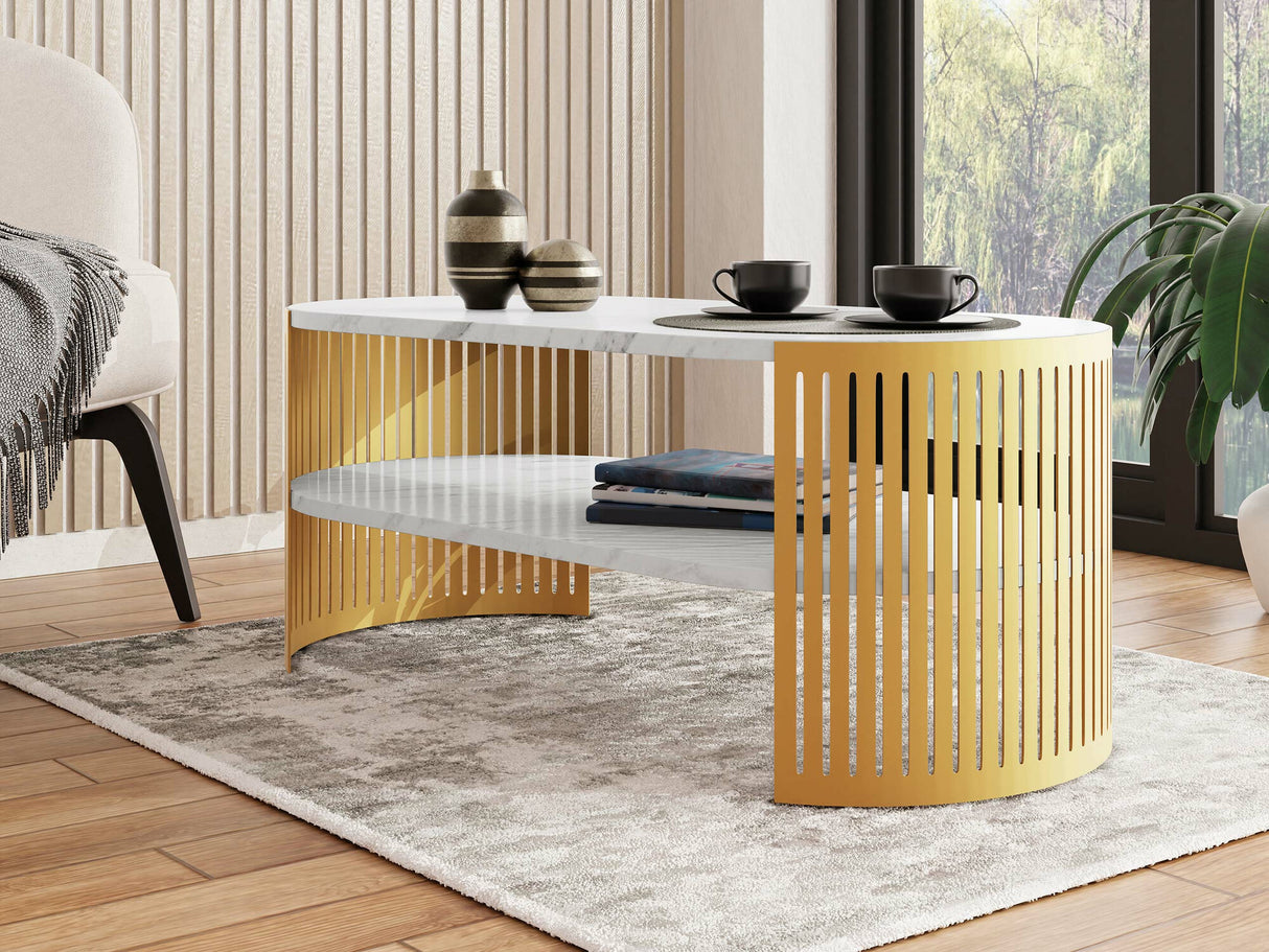 Dohányzóasztal Stolik kawowy owalny FIKOLI GOLD I, Szín: Aranysárga + Fehér márvány