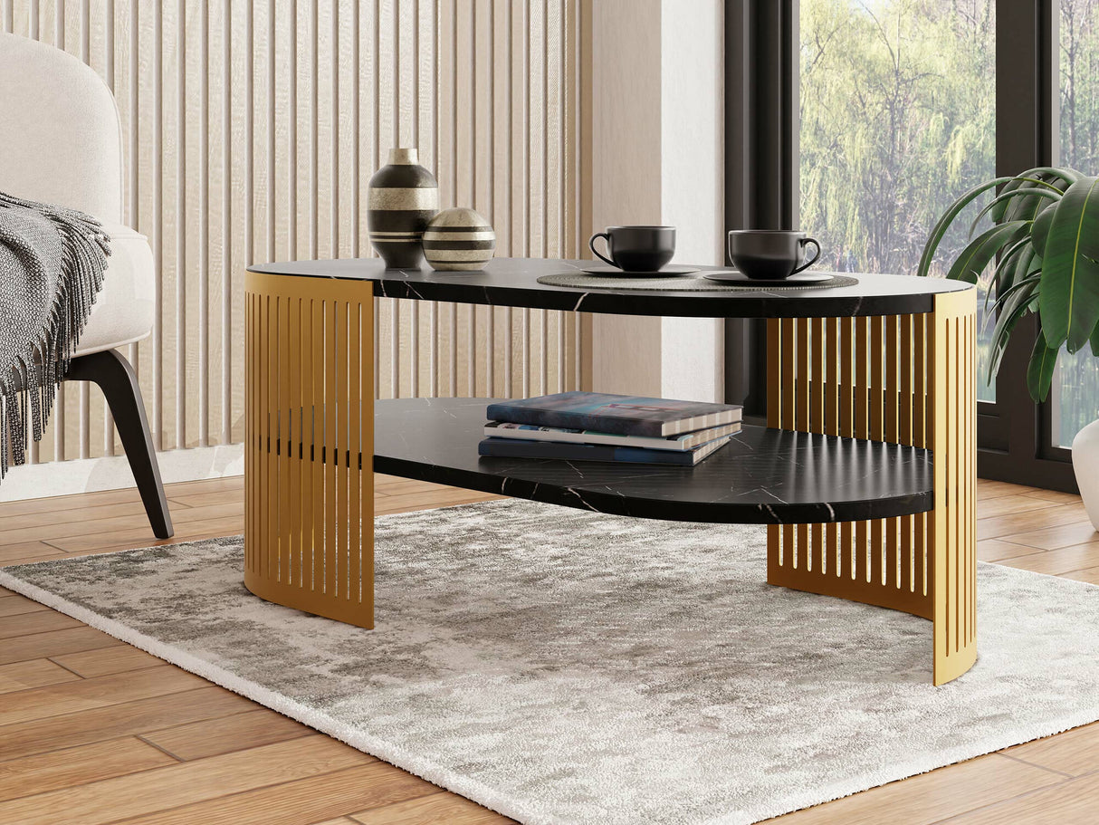 Dohányzóasztal Stolik kawowy owalny FIKOLI GOLD II, Szín: Aranysárga + Fekete márvány