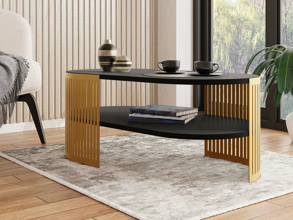 Dohányzóasztal Stolik kawowy owalny FIKOLI GOLD II, Szín: Aranysárga + Fekete