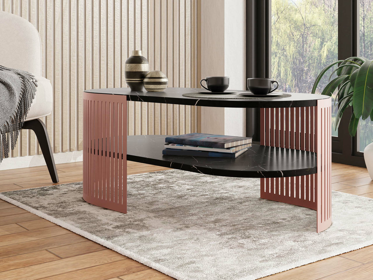 Dohányzóasztal Stolik kawowy owalny FIKOLI EMBER II, Szín: Rózsaszín + Fekete márvány