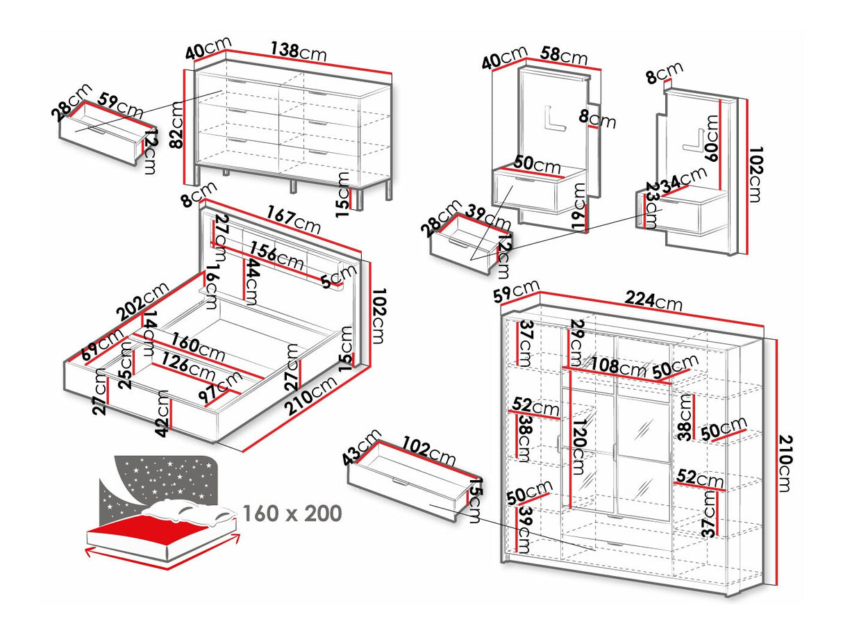 Hálószoba garnitúra Sypialnia MILTON I Kasztan/Antracyt/Vena 20, Ágyrács: Nem, Led világítás: Nem