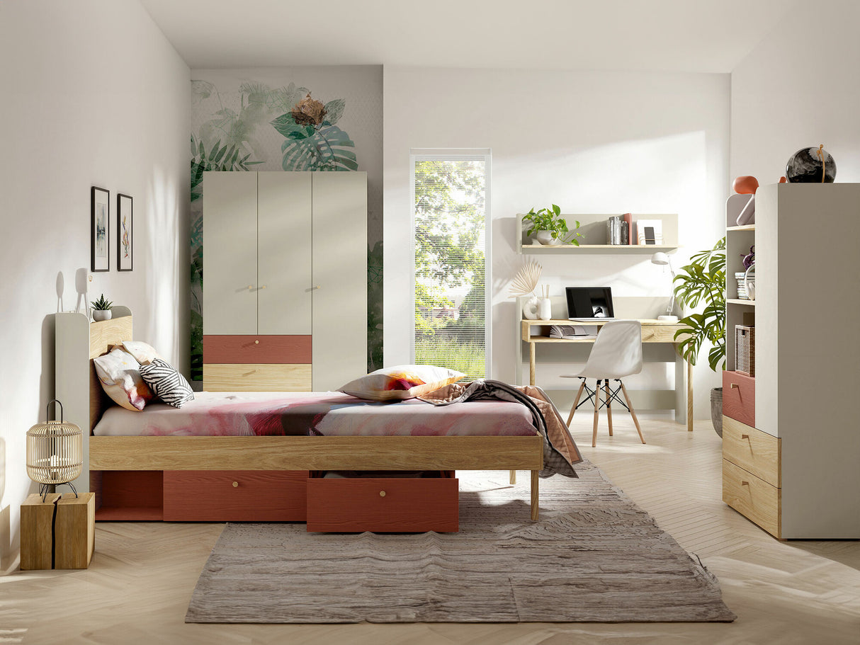 Könyvespolc Yuki 3, Színek: Coral + Tölgy