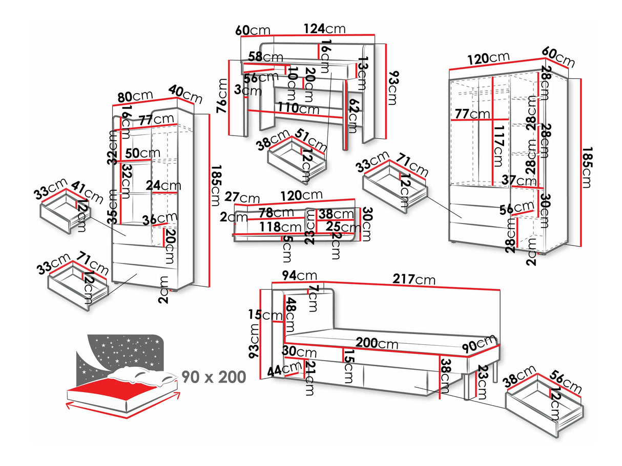 Gyerekszoba garnitúra Yuki I, Színek: Coral + Tölgy