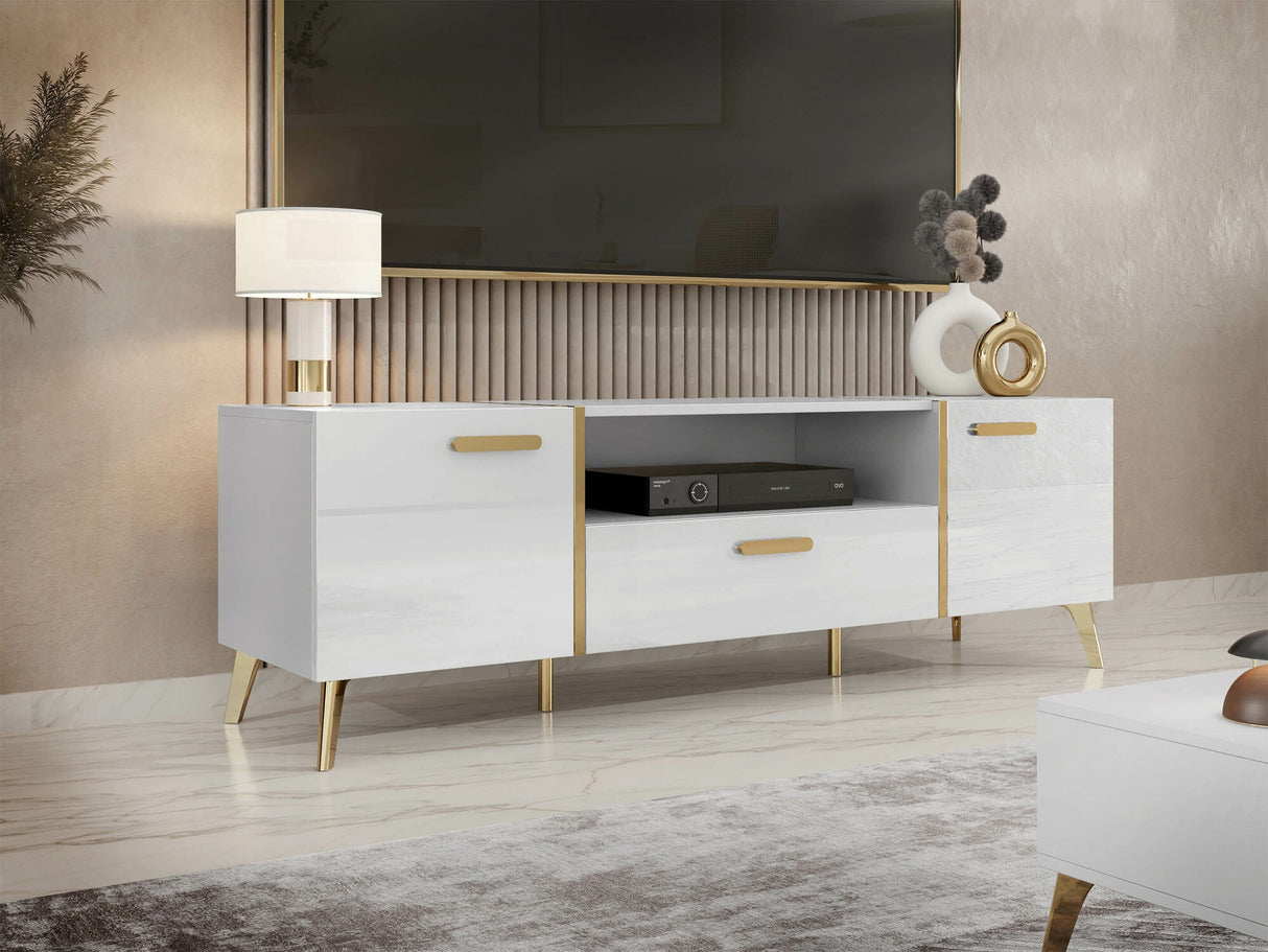 TV-állvány Szafka RTV PICRU 150 2D1SZ Biały/Biały połysk (Fehér + Fényes fehér)