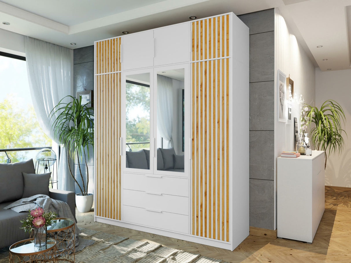 Gardróbszekrény Szafa BALI LUX D4 + nadstawka, Szín: Fehér + Wotan tölgy