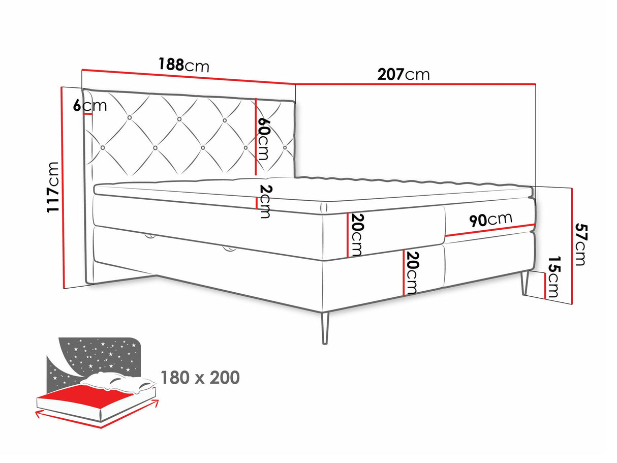Kontinentális ágy Łoże kontynentalne LETRA, Szín: Verita 03, Alvó felület mérete: 180 x 200 cm, Lábak színe: Fekete