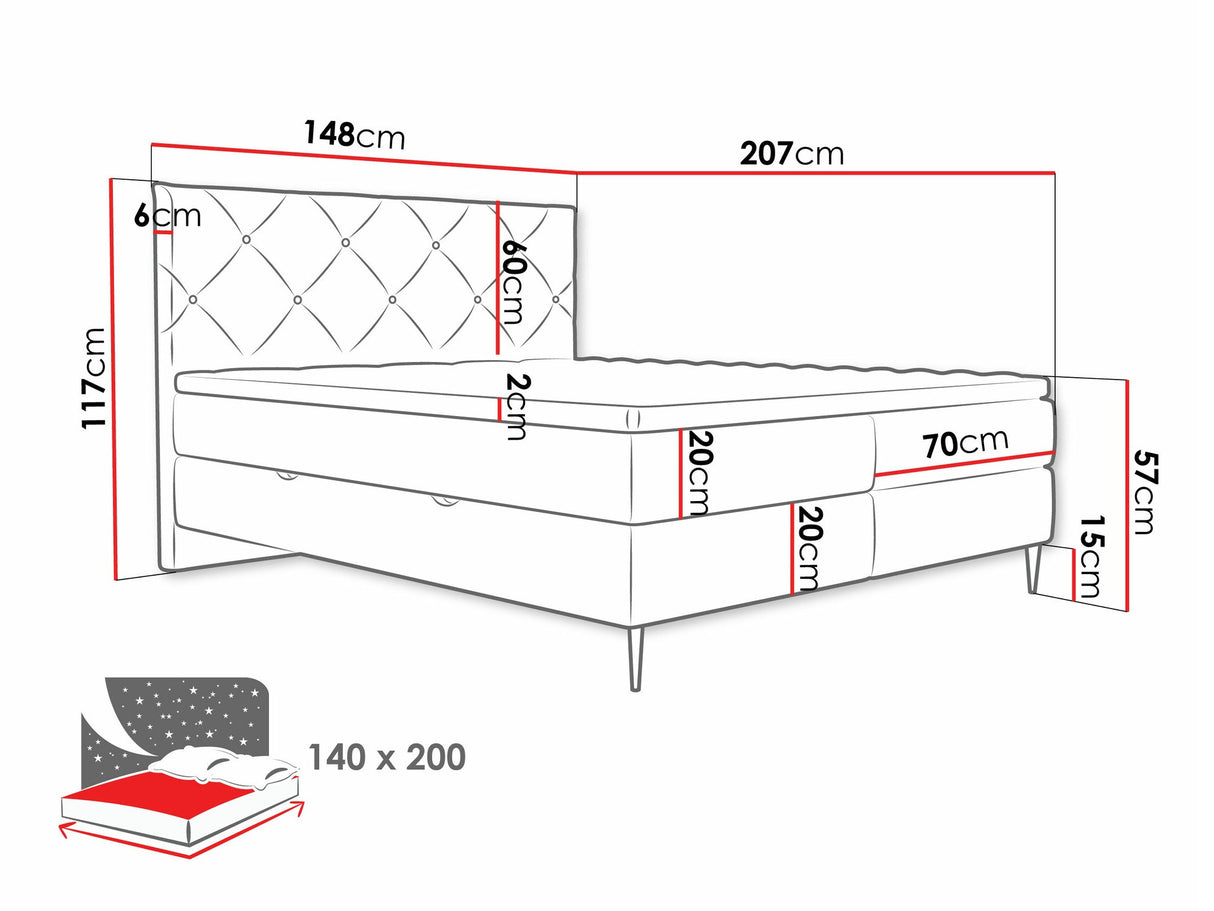 Kontinentális ágy Łoże kontynentalne LETRA, Szín: Verita 52, Alvó felület mérete: 140 x 200 cm, Lábak színe: Fekete