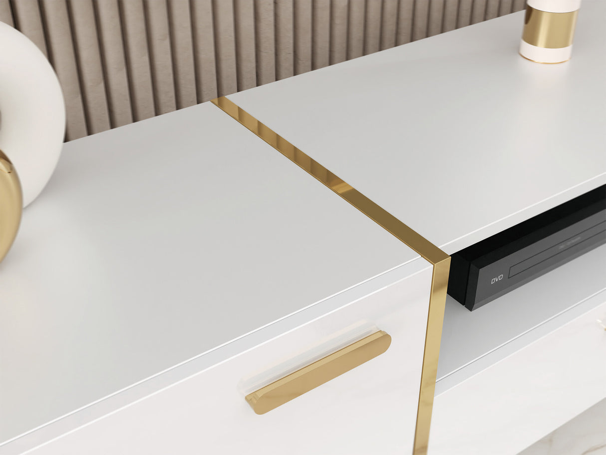 TV-állvány Szafka RTV PICRU 2D EF + kominek Biały/Biały połysk Kominek: Czarny (Fehér + Fényes fehér)