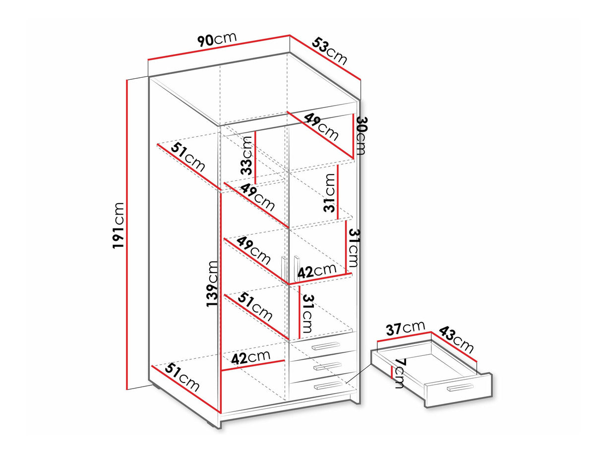 Gardróbszekrény Szafa ELENA 2D3S, Szín: Fehér