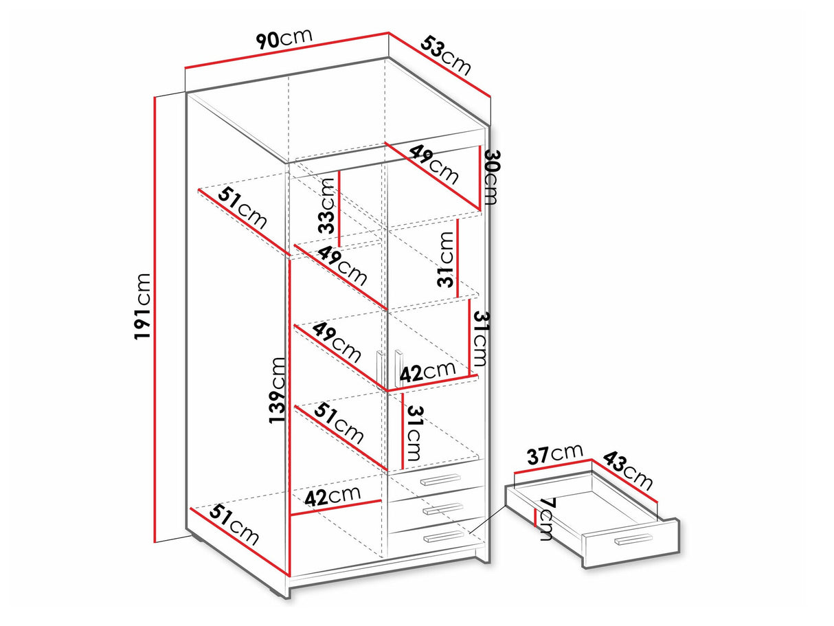 Gardróbszekrény Szafa ELENA 2D3S, Szín: Sonoma tölgy