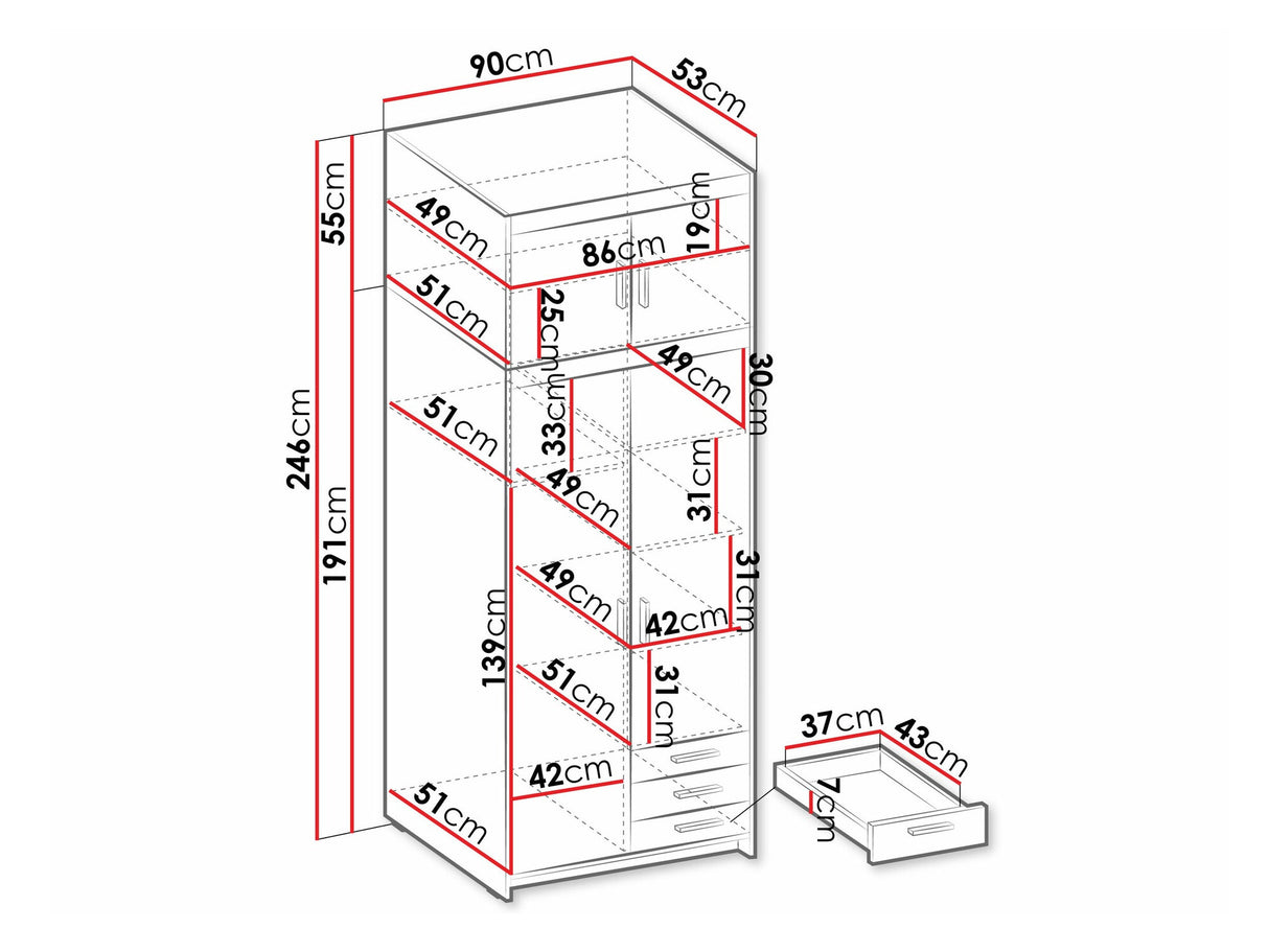 Gardróbszekrény Szafa ELENA 2D3S + nadstawka, Szín: Sonoma tölgy