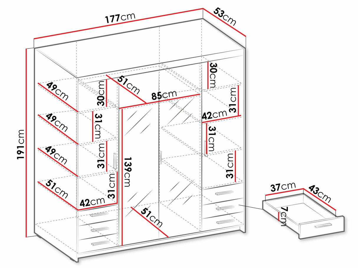 Gardróbszekrény Szafa ELENA 4D6S z lustrem, Szín: Fehér