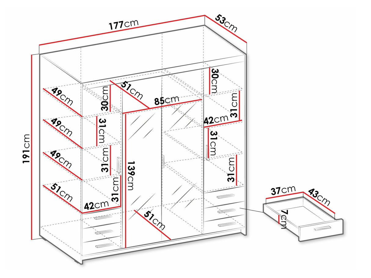 Gardróbszekrény Szafa ELENA 4D6S z lustrem, Szín: Sonoma tölgy