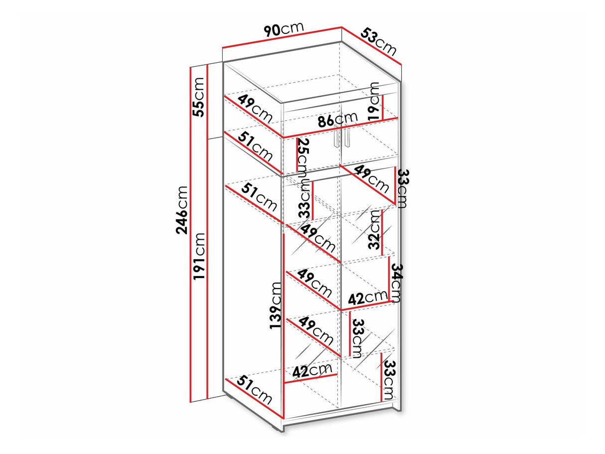 Gardróbszekrény Szafa ELENA 2D z lustrem + nadstawka, Szín: Fehér