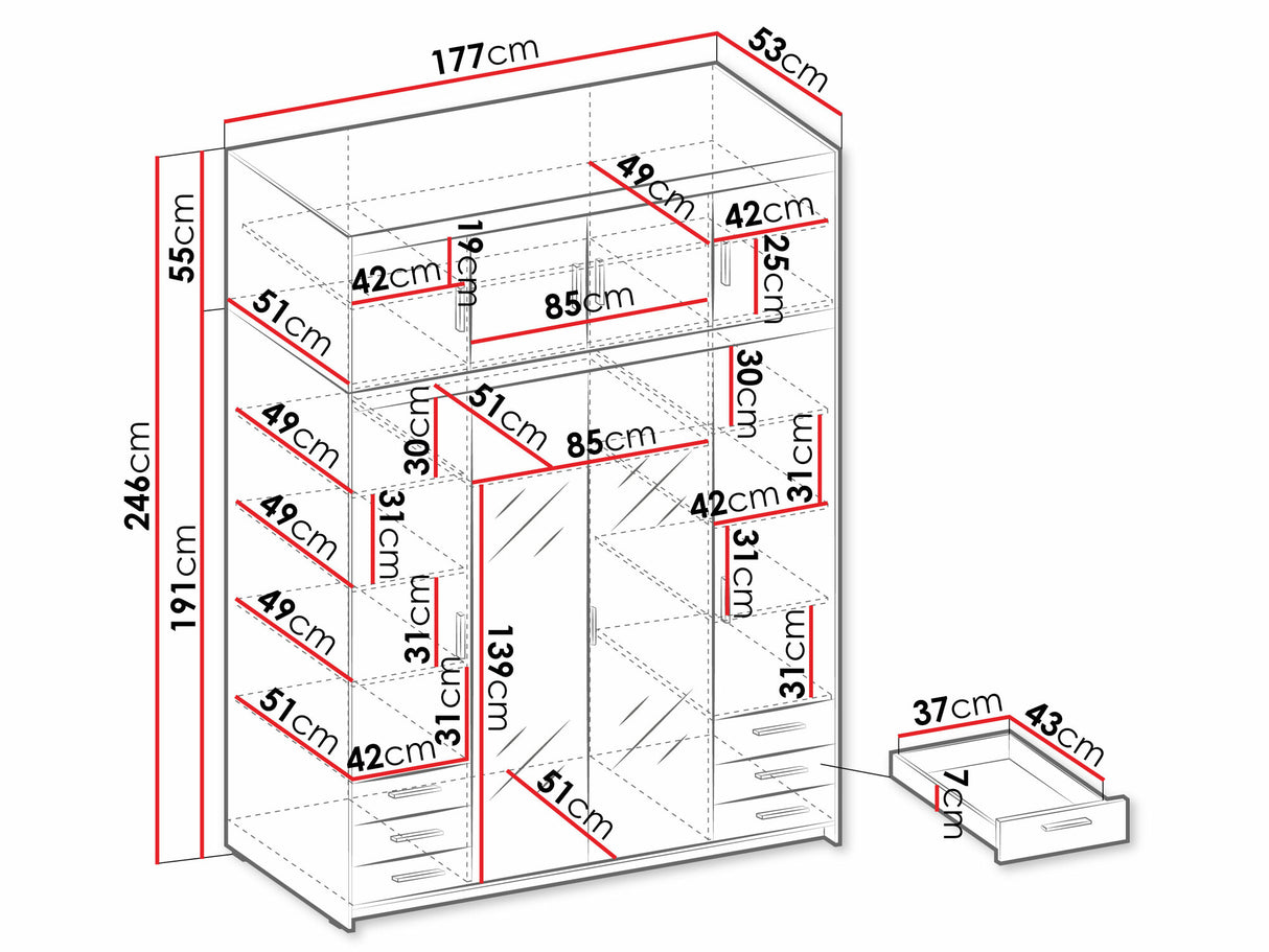 Gardróbszekrény Szafa ELENA 4D6S z lustrem + nadstawka, Szín: Fehér