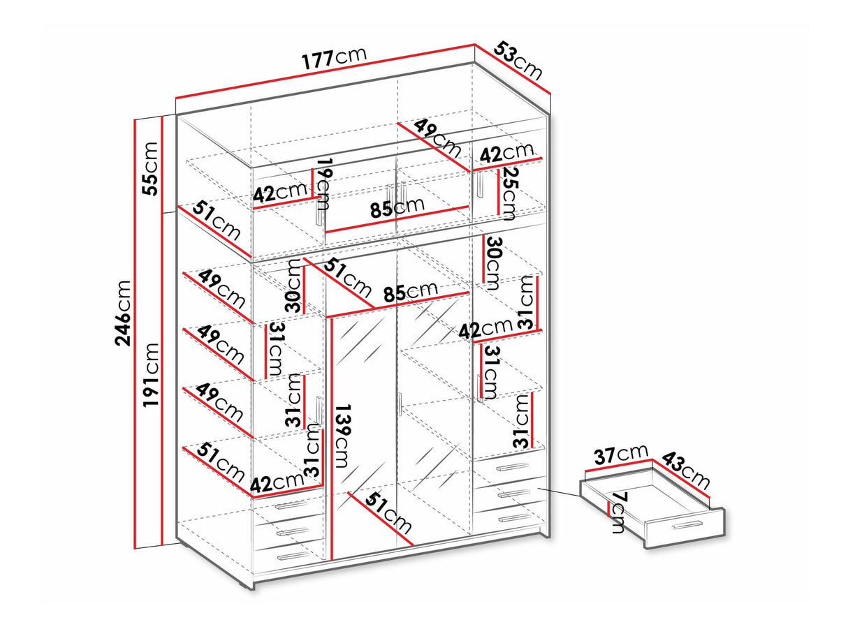 Gardróbszekrény Szafa ELENA 4D6S z lustrem + nadstawka, Szín: Sonoma tölgy