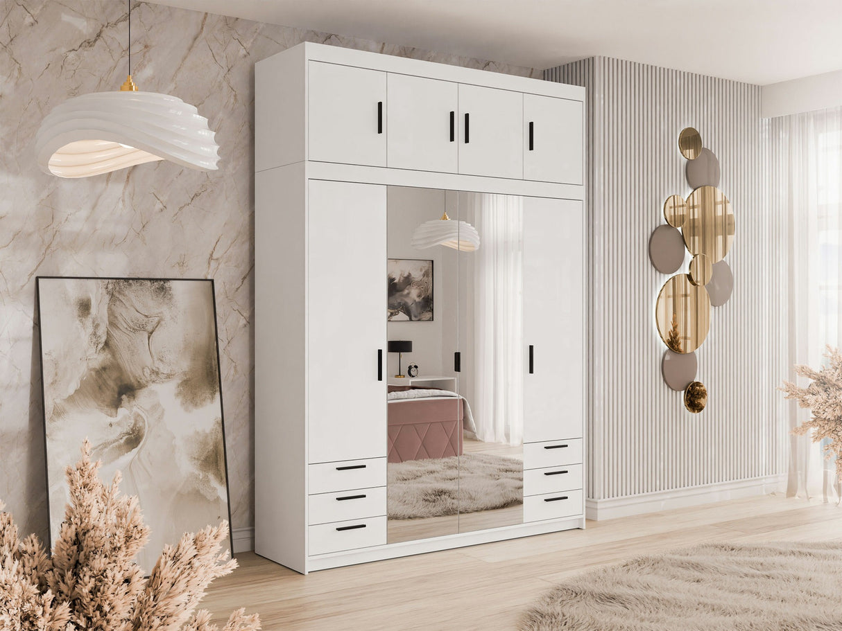 Gardróbszekrény Szafa ELENA 4D6S z lustrem + nadstawka, Szín: Fehér