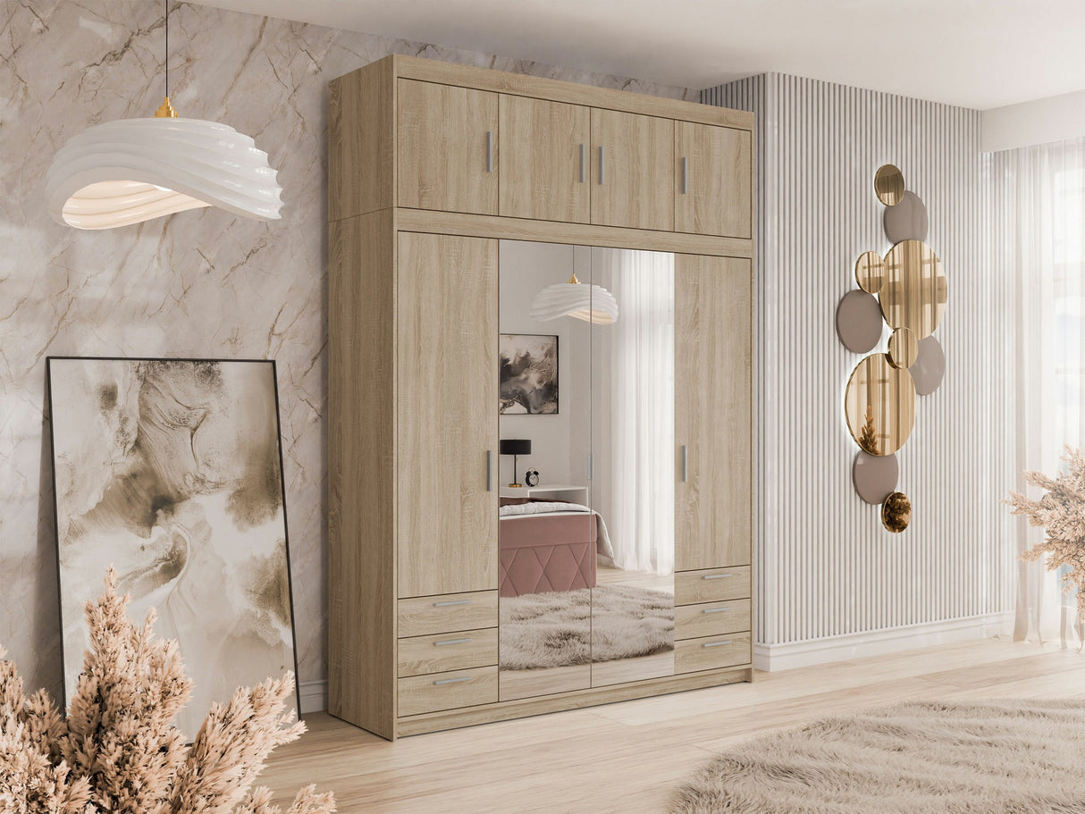 Gardróbszekrény Szafa ELENA 4D6S z lustrem + nadstawka, Szín: Sonoma tölgy