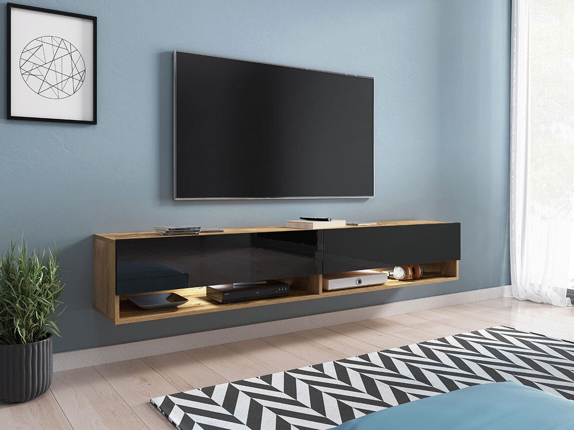 TV-állvány Lowboard A180 (Adenik 180), Led világítás: Igen, Szín: Wotan tölgy + Fényes fekete