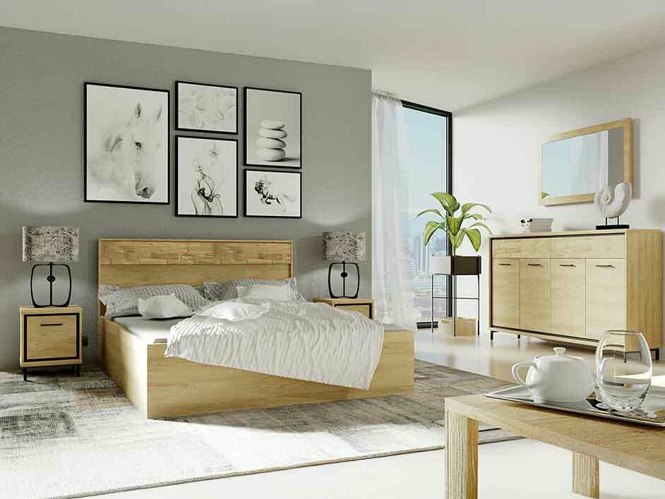 Hálószoba garnitúra MEDIOLAN I (Sarged I), Szín: Fényes fa + Tölgy, Led világítás: Nem, Lábak: Igen